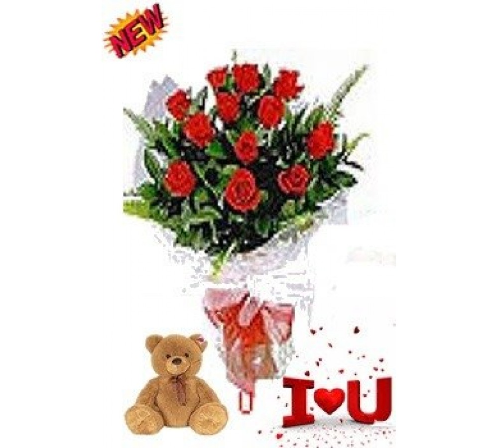 12 Red Roses & Teddy 