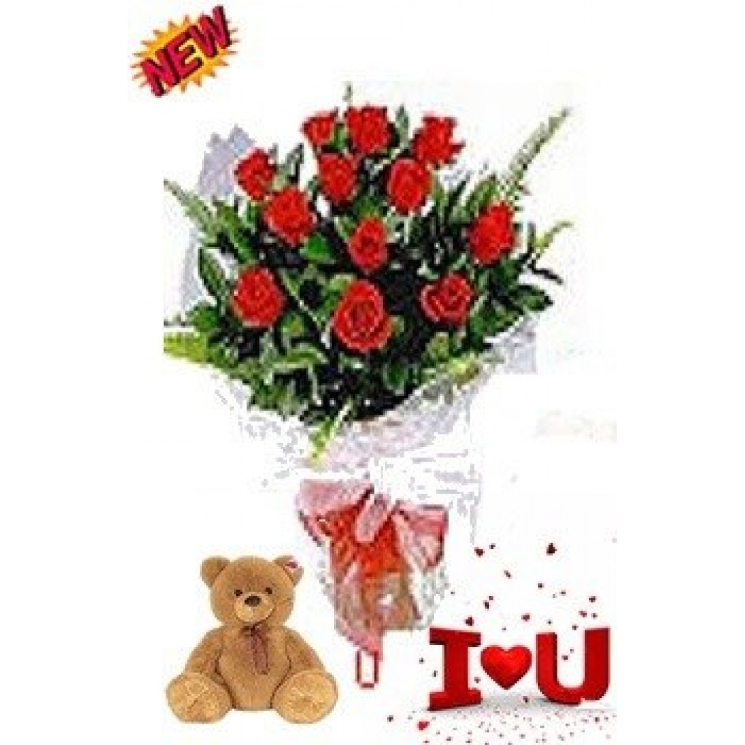 12 Red Roses & Teddy 