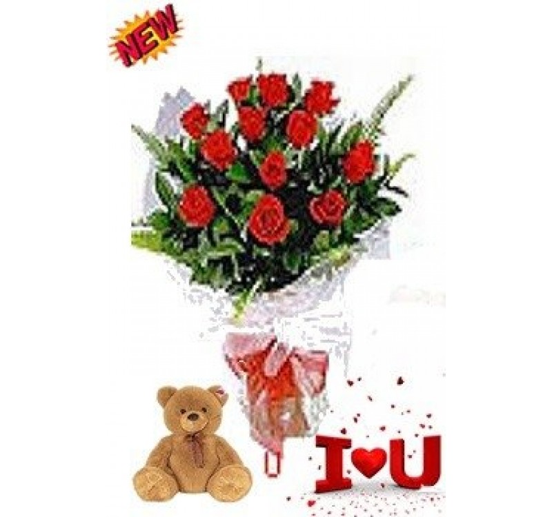 12 Red Roses & Teddy 